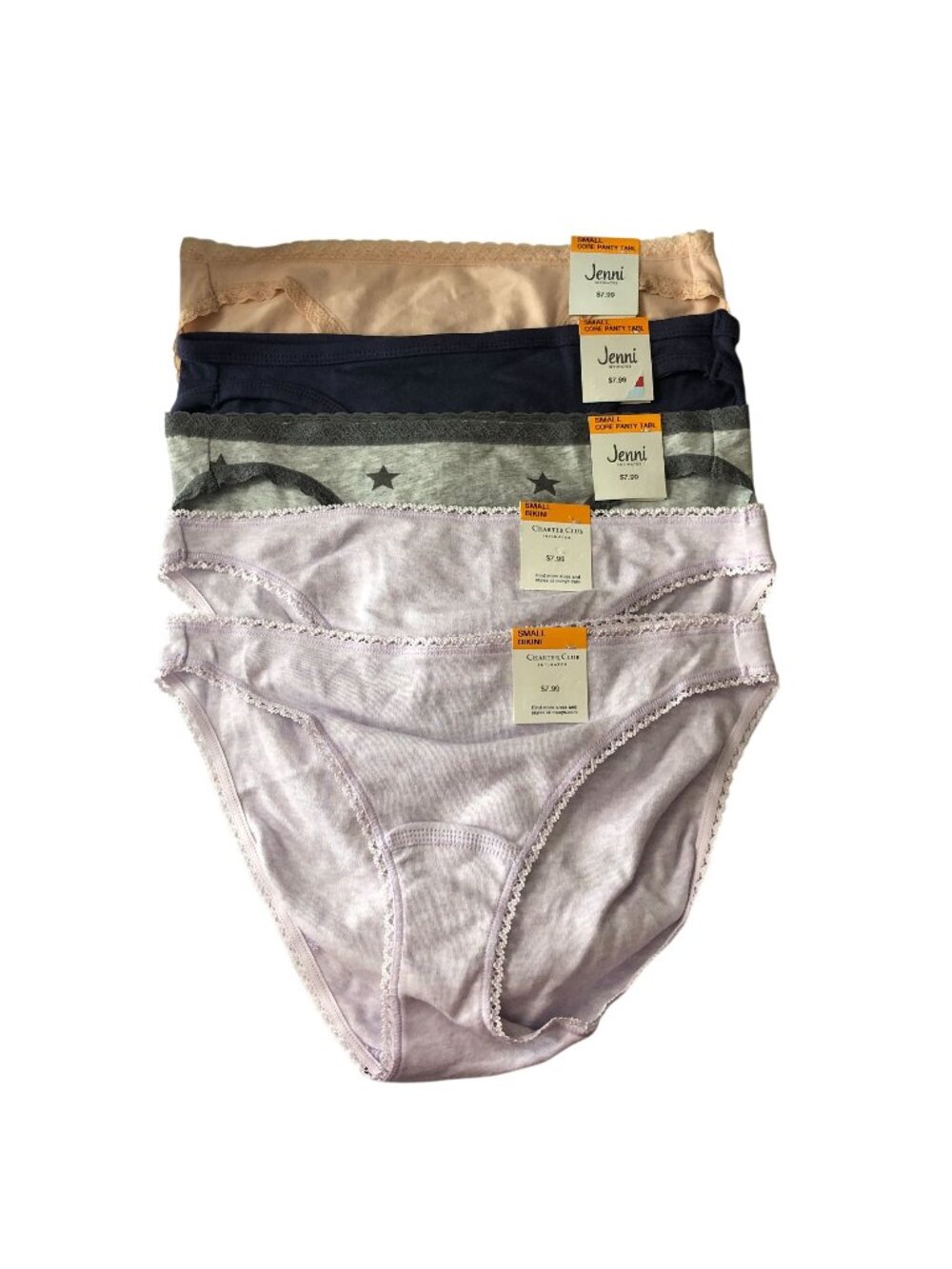 Jenni Charter Club Bikini Brief Panties 5 Pair Black Purple Beige S